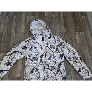 NIKE Women's Black & White Bird Puffer 800 Goose Down Fill Hooded Coat Sz M-EUC